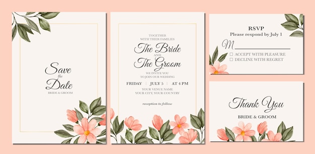 Manual painted of peach flower watercolor as wedding invitation.