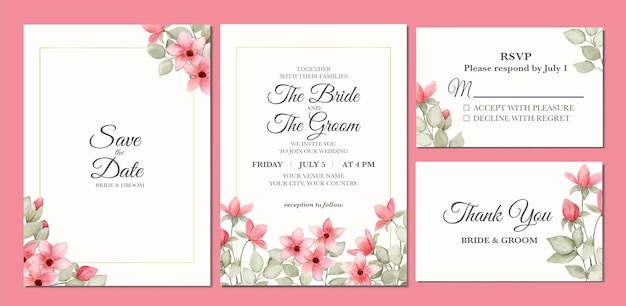 Manual painted of pink flower watercolor as wedding invitation.