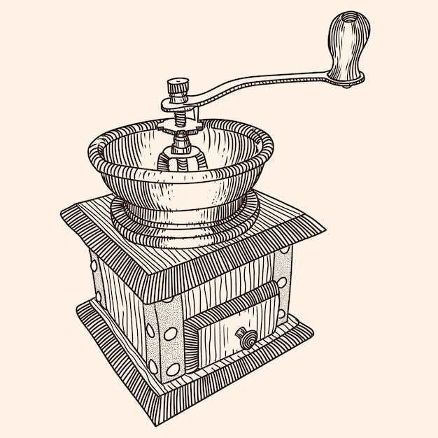 Ручная деревянная кофемолка с чашей для кофейных зерен. Быстрый линейный эскиз.