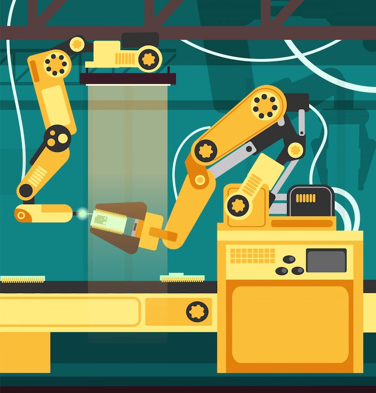 Vector manufacturing auto assembly line with robotic arms. technology and engineering vector concept