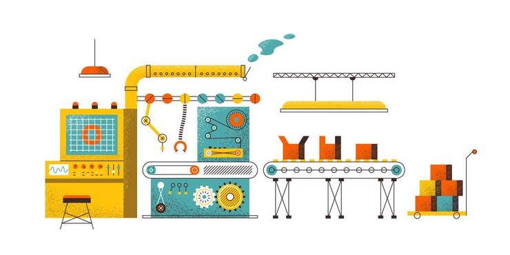 Vector manufacturing conveyor concept. factory assembly line, modern production technology, packaging robot. conveyor vector illustration modern computer industrial technology with automation packing