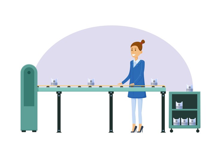 Vector manufacturing factory girl next to conveyor belt sorts metal products