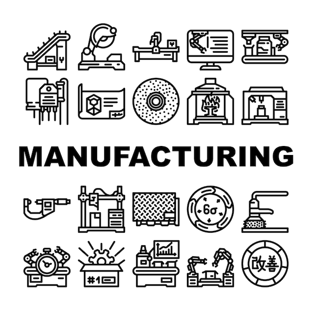 manufacturing factory production icons set vector machine engineer robot plant construction technology business work machinery manufacturing factory production black contour illustrations