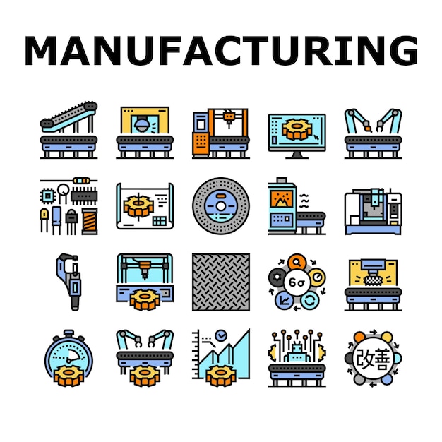 набор иконок фабрики обрабатывающей промышленности вектор производства машины инженер робот строительство технологии завод бизнес оборудование фабрика обрабатывающей промышленности цветные линии иллюстрации