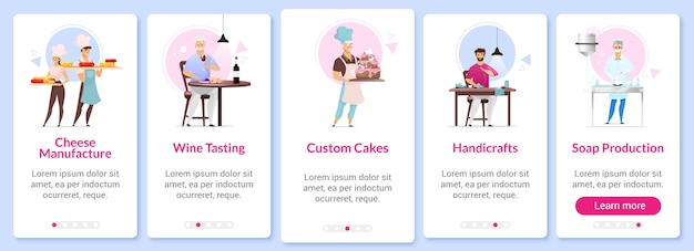 Manufacturing onboarding mobile app screen  template. cheesemaking, wine tasting. custom cakes. walkthrough website steps with flat characters. ux, ui, gui smartphone cartoon interface concept