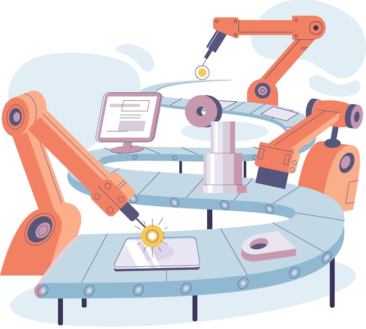 Vector manufacturing process at automated industry industrial conveyor with robot work technical and science innovation smart manufacture automation of digital devices production mechanical equipment