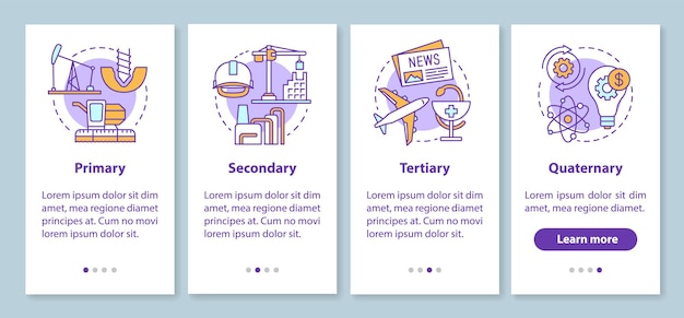 Vector manufacturing process onboarding mobile app page screen with linear concepts. primary, secondary, tertiary, quaternary walkthrough steps graphic instructions. ux, ui, gui vector template with icons