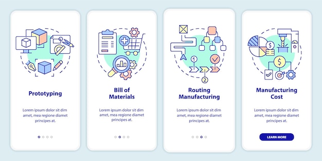 Schermata dell'app mobile onboarding delle fasi di produzione procedura guidata del processo di produzione 4 passaggi pagine di istruzioni grafiche con concetti lineari modello della gui ui ux myriad probold font regolari utilizzati