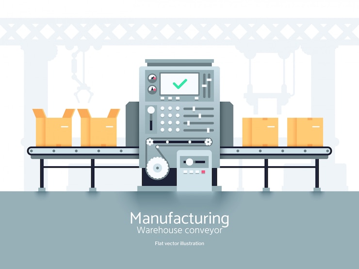 Vector manufacturing warehouse conveyor. assembly production line flat vector industrial concept