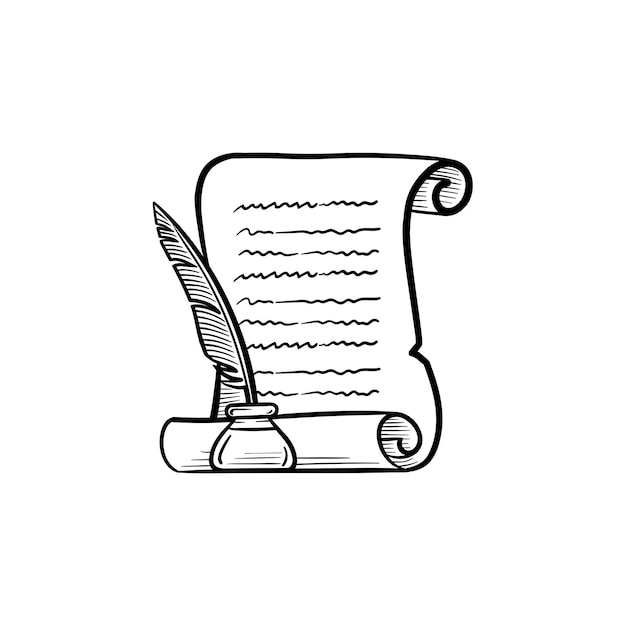 Manuscript paper scroll with feather pen in inkpot hand drawn outline doodle icon. Honor certificate written with a feather pen vector sketch illustration for print, web, mobile and infographics.