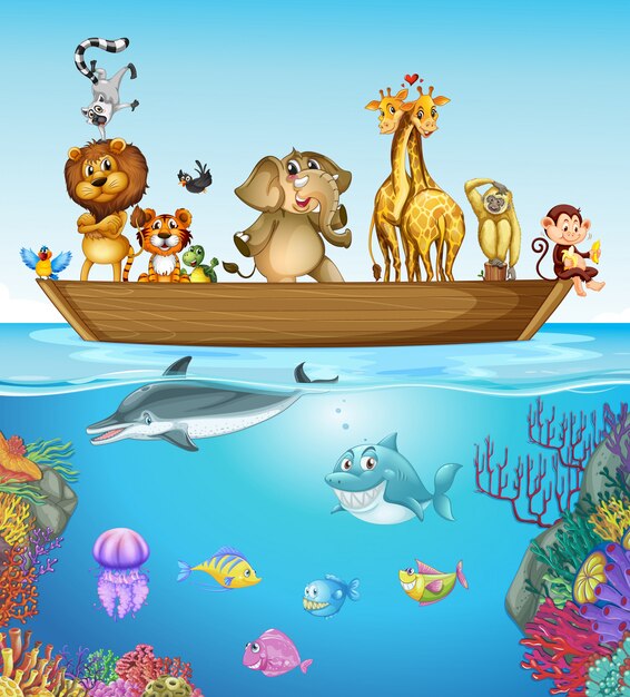 Many animals on the wooden boat