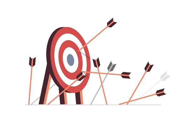 Many arrows missed hitting the target mark and business challenge failure flat vector illustration