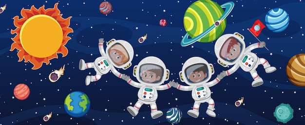 Many astronauts in the galaxy background