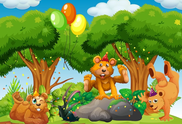 Many bears in party theme in nature forest