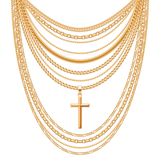 Many chains golden metallic necklace with cross. personal fashion accessory .