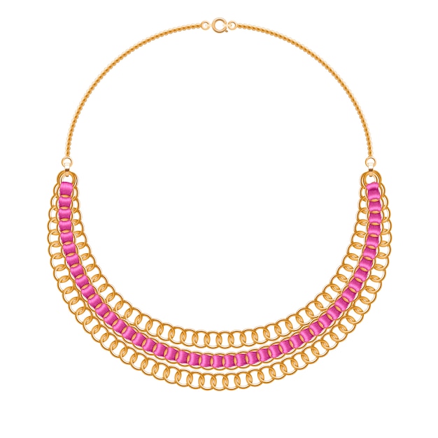 Many chains golden metallic necklace with pink ribbons. personal fashion accessory .