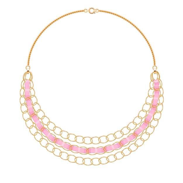 Vector many chains golden metallic necklace with pink ribbons. personal fashion accessory .