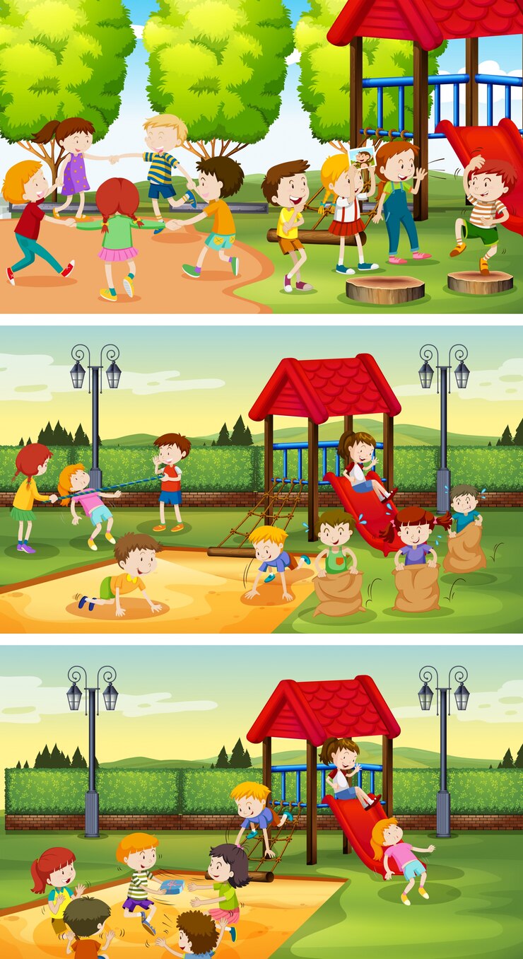 Vector many children playing in the playground