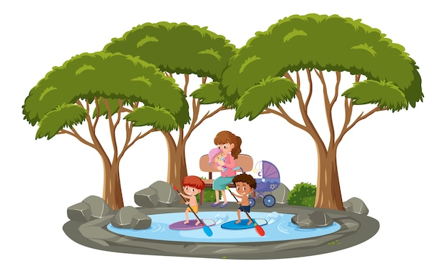 Molti bambini nuotano nello stagno con molti alberi