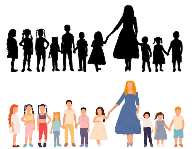 Many children and woman in flat style isolated vector