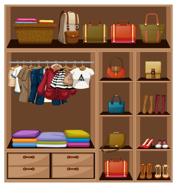Вектор Много одежды и сумок в шкафу