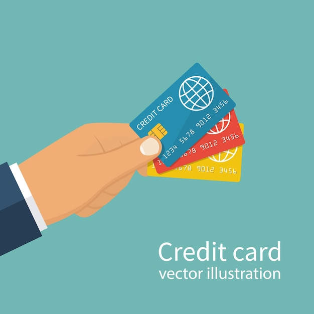 Molte carte di credito che tengono in mano stile di design piatto di illustrazione vettoriale isolato su sfondo carta di credito in plastica per il pagamento