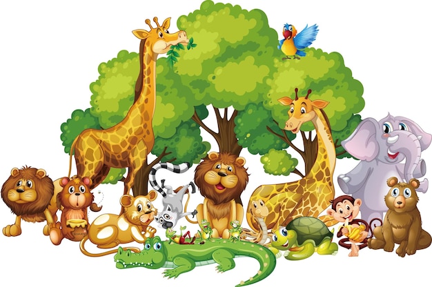 Many cute animals in the park illustration