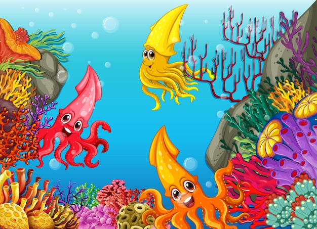 Many different squids cartoon character in the underwater background