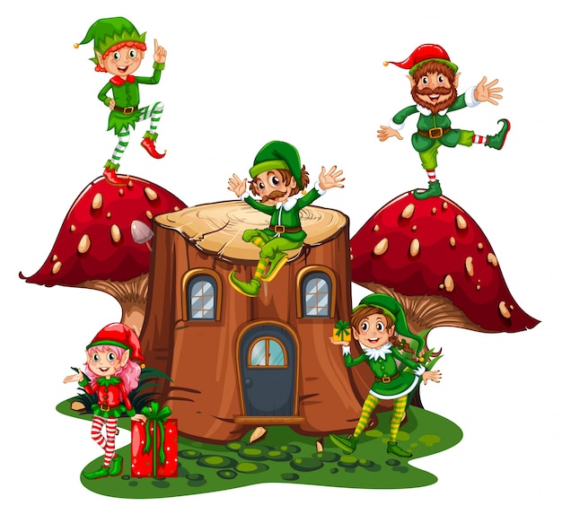 Vector many elves on log home in garden