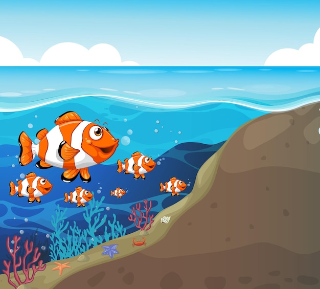 Personaggio dei cartoni animati di molti pesci esotici sullo sfondo subacqueo
