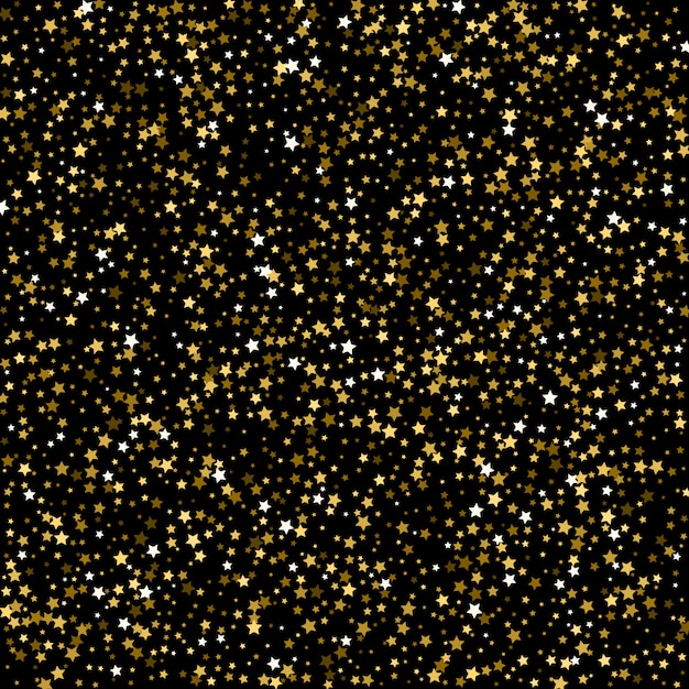 Molti coriandoli di stelle d'oro che cadono, sfondo vettoriale.