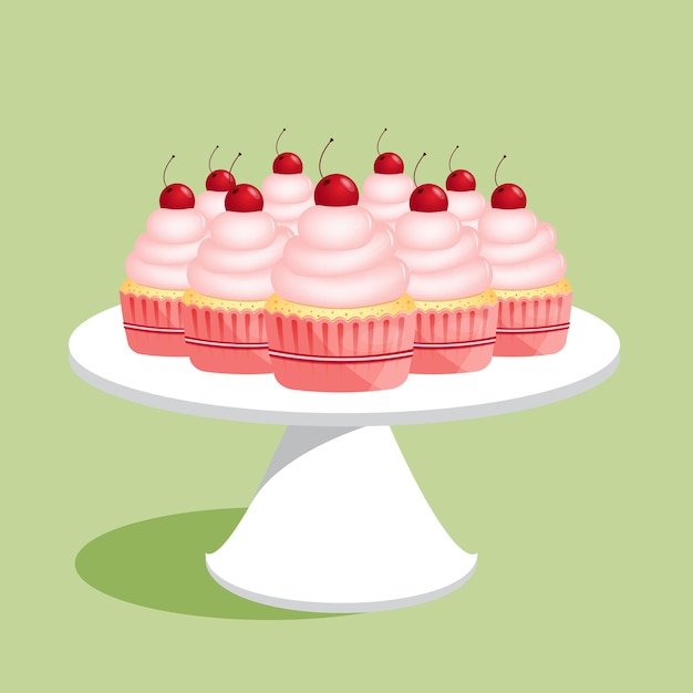Vettore molti sapore cupcakes con ciliegie rosse su un piatto bianco illustrazione vettoriale