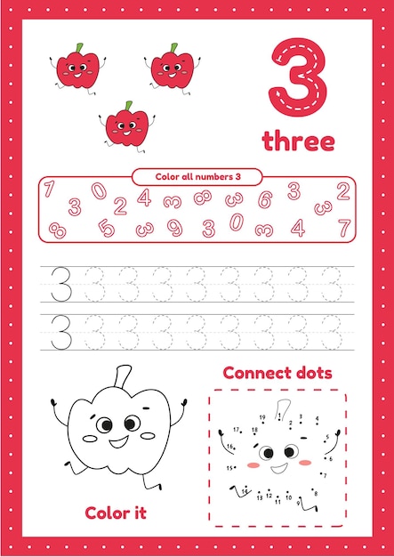 Vector many games on one page for preschool kids color page dot to dot trace learning number 3