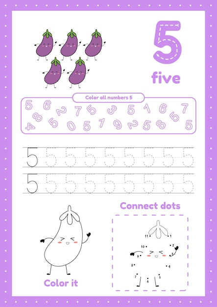 Vector many games on one page for preschool kids color page dot to dot trace learning number 5