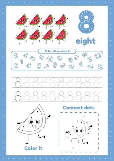 Vector many games on one page for preschool kids color page dot to dot trace learning number 8