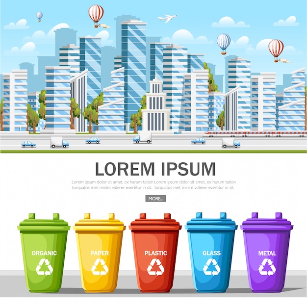 Many garbage cans with sorted garbage. sorting garbage. ecology and recycle concept. clean modern city. eco concept  for website or advertising