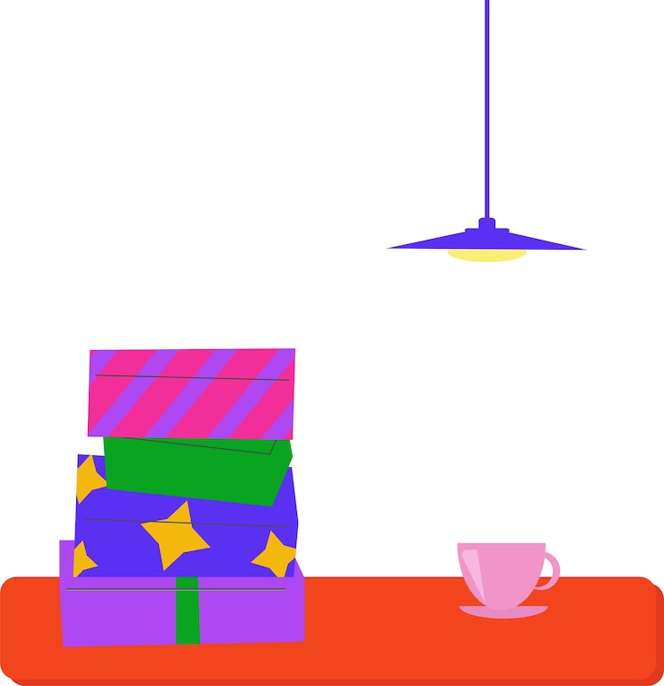 Vector many gifts for the holiday new year or christmas hot coffee or tea in a cup on the table a lamp in the loft style comfort and harmony vector flat illustration