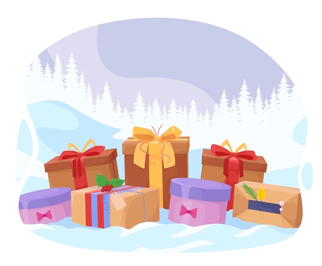 Vector many gifts on the new year background. flat design.