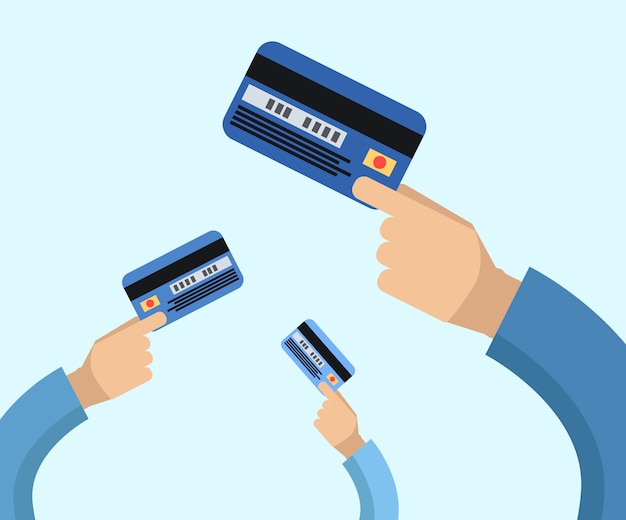 多くの手がクレジットカードフラットイラストを握る