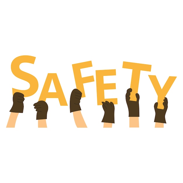 Many hands holding the yellow word safety