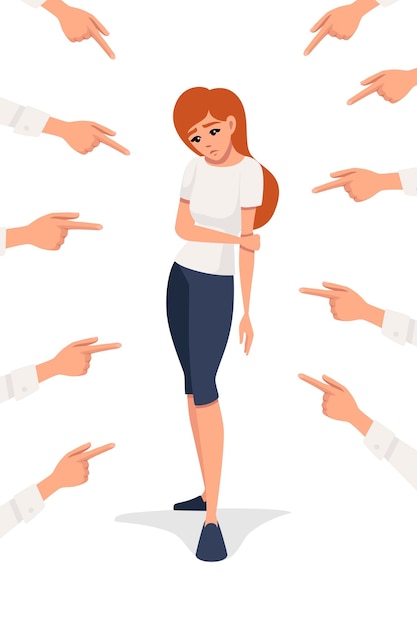 Vector many hands pointing the sad redhead upset woman looking down flat vector illustration