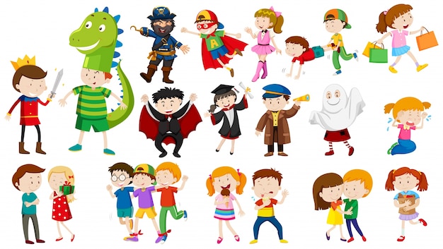 Many kids in different costumes illustration