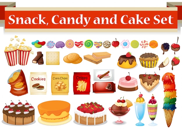 Molti tipo di snack e caramelle illustrazione