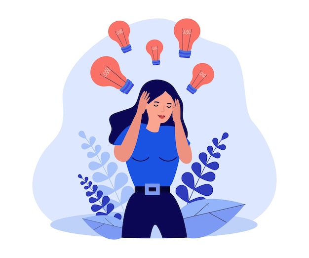 Many light bulbs and innovation brainstorming of person. girl thinking about ideas flat vector illustration. inspiration, analysis of information concept for banner, website design or landing web page