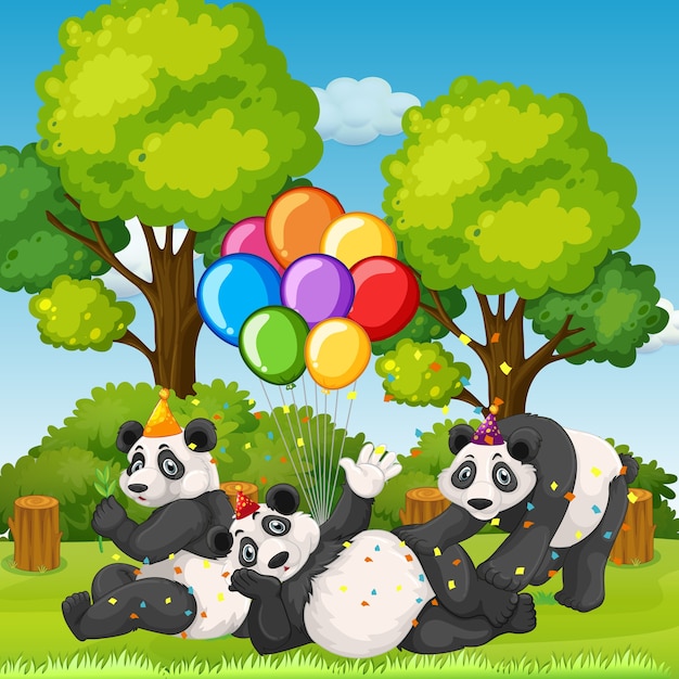 Many pandas in party theme in nature forest background