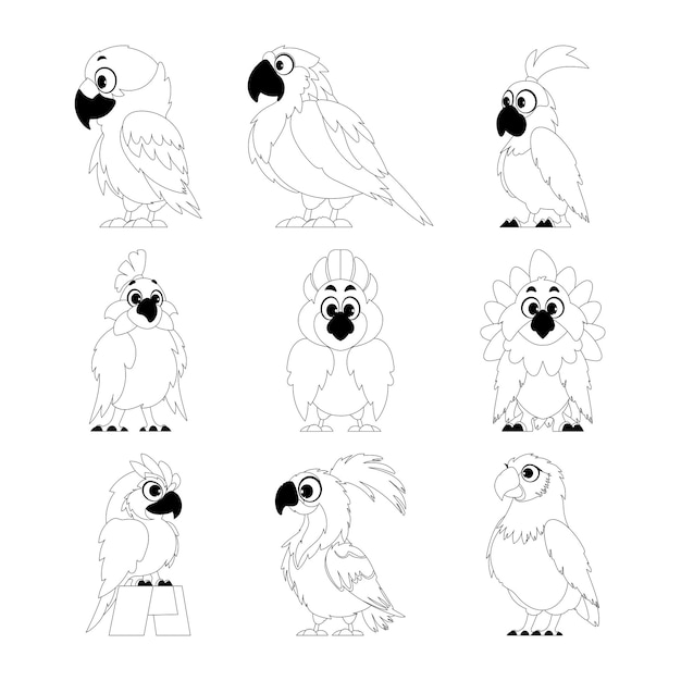 Many parrots that are funny and cute are standing next to each other in a straight line Childrens coloring page