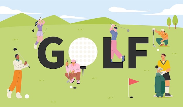 Many people are playing golf on the golf field. flat vector illustration.