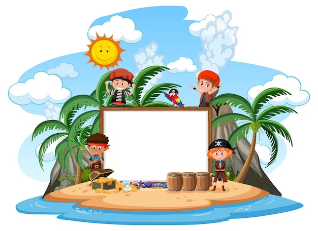 Many pirate kids on the island with blank banner template isolated