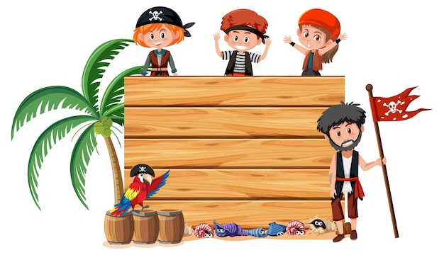 Вектор Многие пиратские дети с пустым знаменем на белом фоне