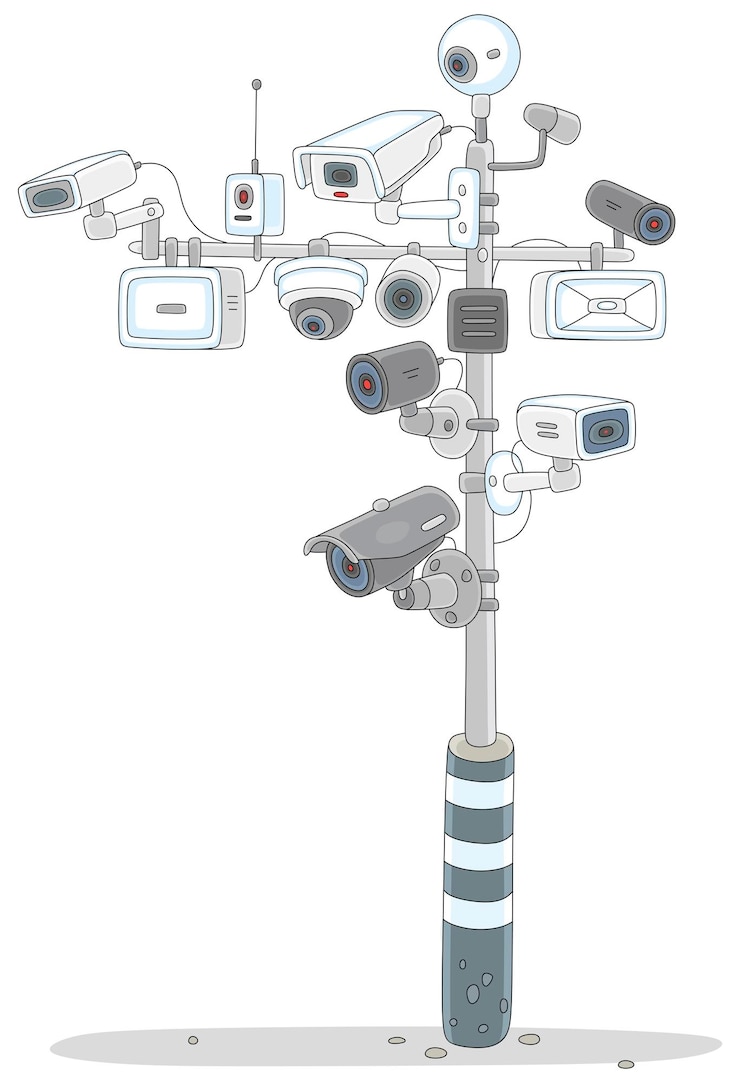 Vector many surveillance cameras on a road post for covert control recording violations and shadowing